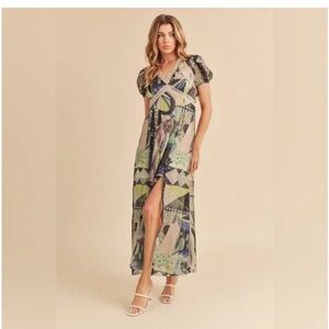 Elegant Abstract Maxi Dress in Green and Blue